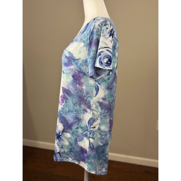 NEW LuLaRoe Womens Knit Tunic Top S Short Sleeve Blue Pink Floral Scoop Neck - Picture 2 of 9